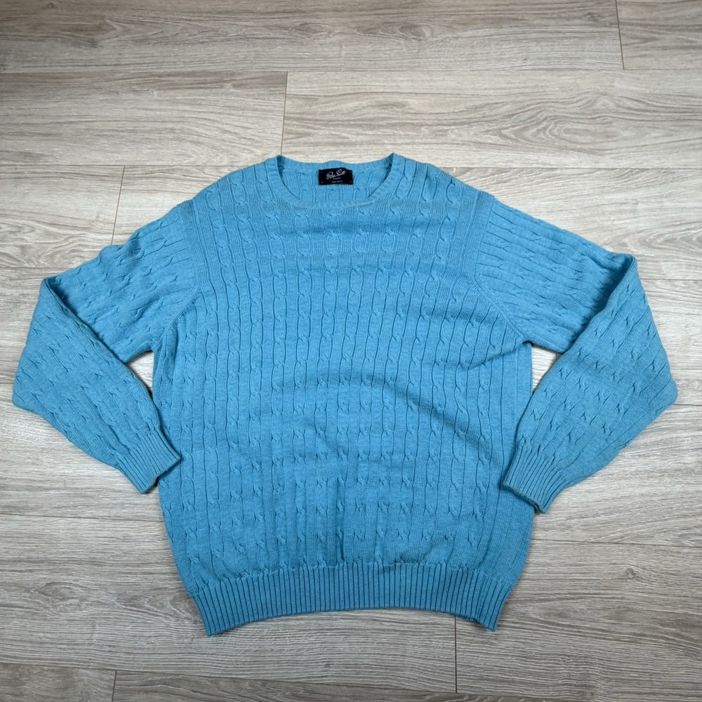 Vintage Peter Scott Mens 46 XL Cable Knit Cotton Sweater Blue Made in Scotland
